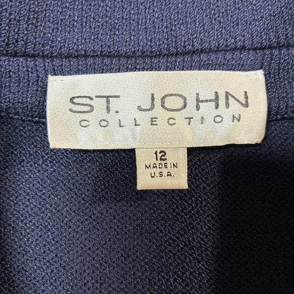 St John Collection Navy Blue Zip Jacket Knit Sz 12 White Ribbon Trim Gold Buckle - Picture 9 of 9